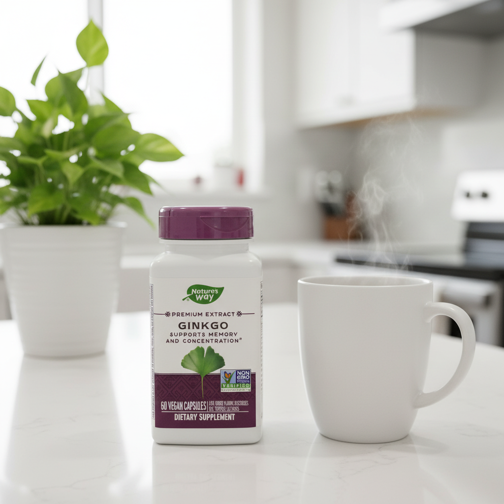 Nature's Way Ginkgo Premium Extract bottle on modern white quartz kitchen island next to fresh green houseplant and ceramic mug of herbal tea