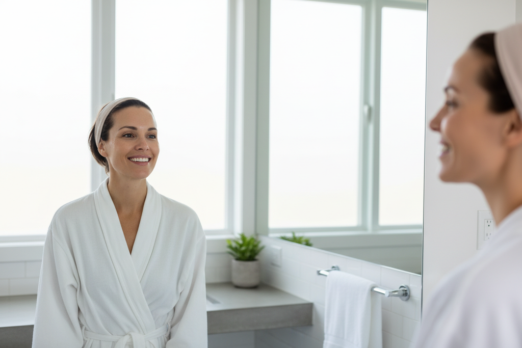 Confident woman with smooth hydrated glowing skin smiling at bathroom mirror after morning skincare routine
