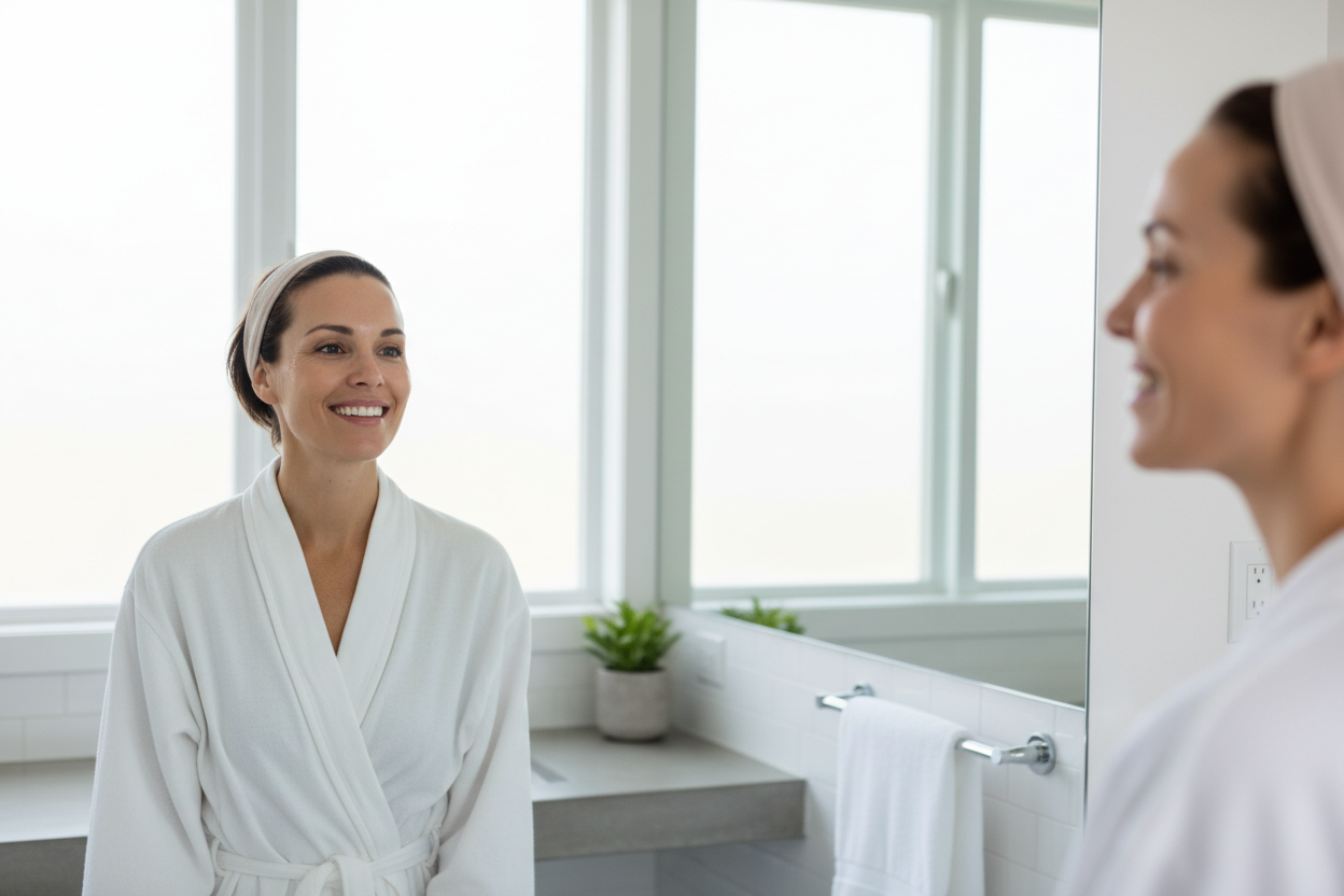Confident woman with smooth hydrated glowing skin smiling at bathroom mirror after morning skincare routine
