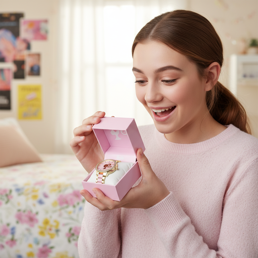 Teen girl opening pink Barbie gift box with crystal bezel gold pink link watch on white plush pillow
