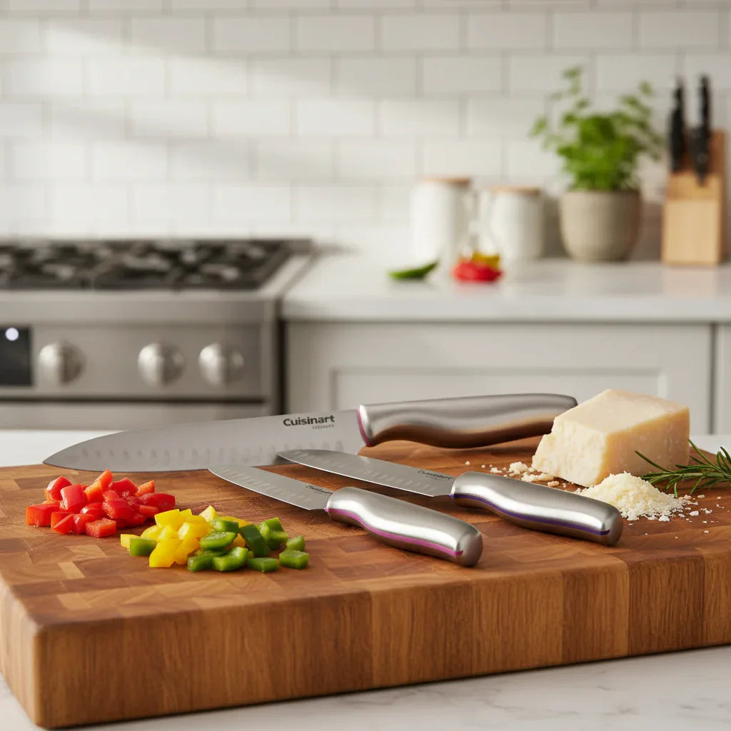 Cuisinart color band knives arranged on rustic wooden cutting board with chopped bell pepper and parmesan cheese for culinary preparation