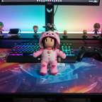 Stumble Guys Pink Cat Plush Buddy displayed on a gaming desk with LED lighting - More4less Outlet