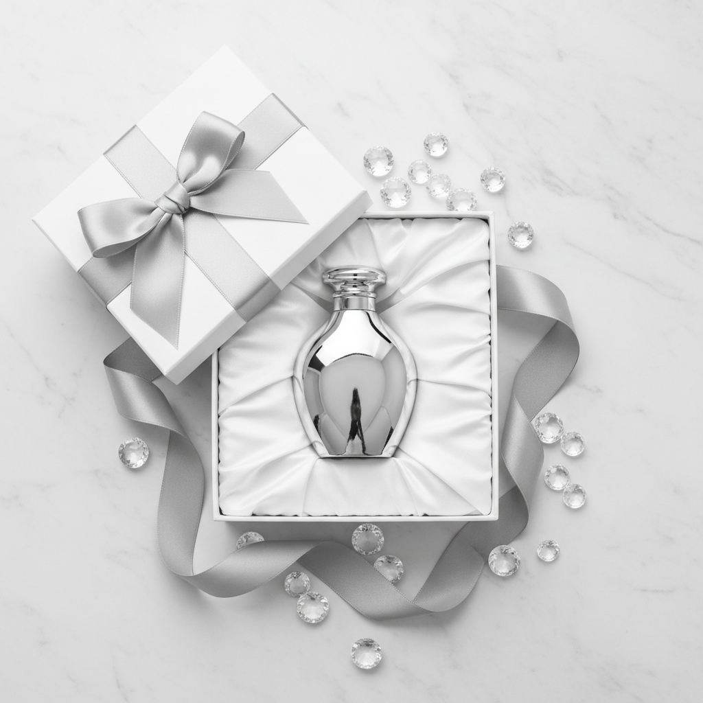 Lifestyle — silver perfume bottle in white satin gift box with silver ribbon bow and scattered crystal gems on white marble — editorial for visual context only