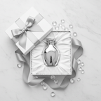 Lifestyle — silver perfume bottle in white satin gift box with silver ribbon bow and scattered crystal gems on white marble — editorial for visual context only