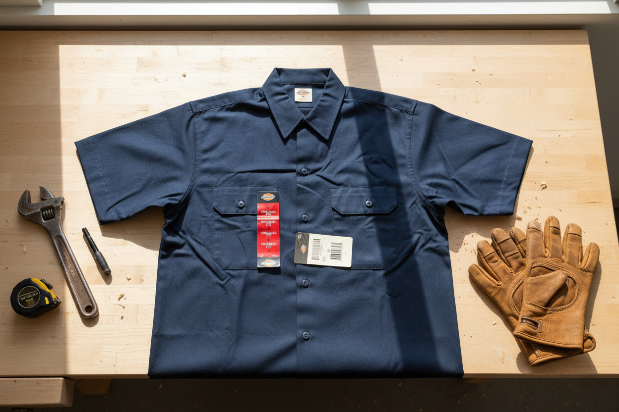 Dickies Original Fit Short Sleeve Work Shirt dark navy flat lay on wooden workbench with tools – More4less Outlet