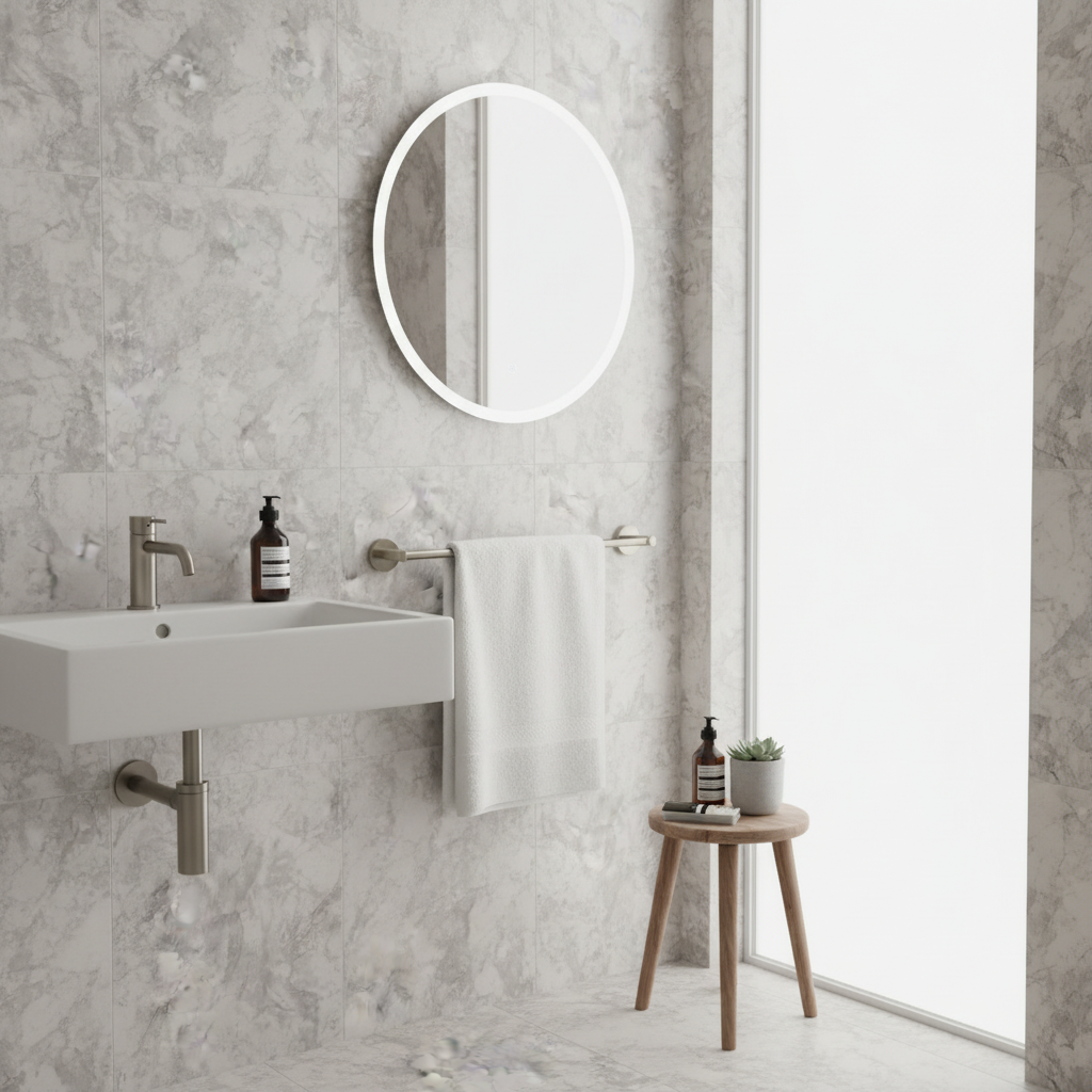 Minimalist designer bathroom with GROHE Essentials brushed nickel towel bar on stone wall – More4less Outlet