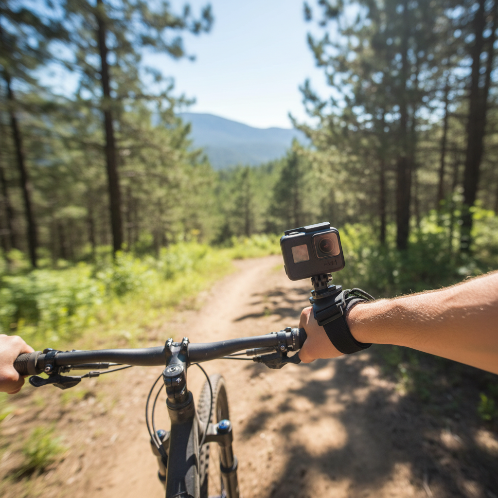 GoPro Hand + Wrist Strap black mount worn on person's hand outdoors with GoPro camera attached – More4less Outlet