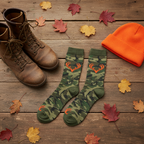 Carolina Ultimate Realtree green camo crew socks with hunting boots and autumn leaves flat lay — More4less Outlet