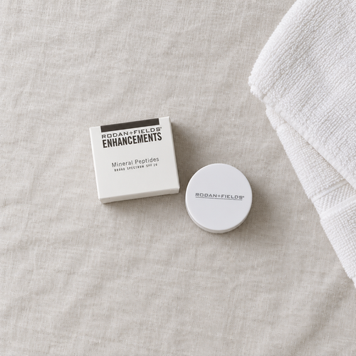 Flat lay of Rodan + Fields Mineral Peptides box and closed jar on linen beside a towel