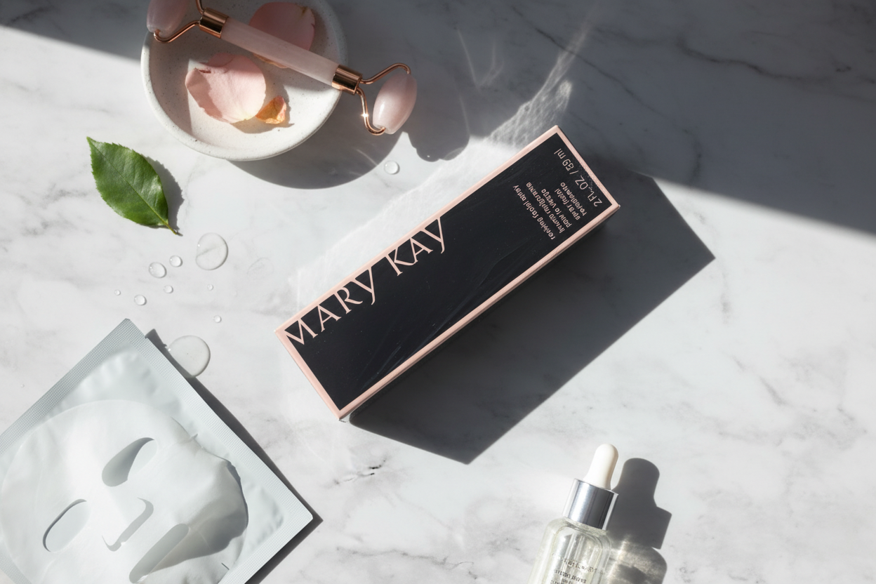Mary Kay Reviving Facial Spray black and pink box in minimalist morning skincare flat lay on white marble