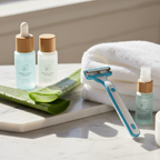 Sensitive skin grooming setup with aloe vera leaf, light blue razor, and white towel in soft morning sunlight