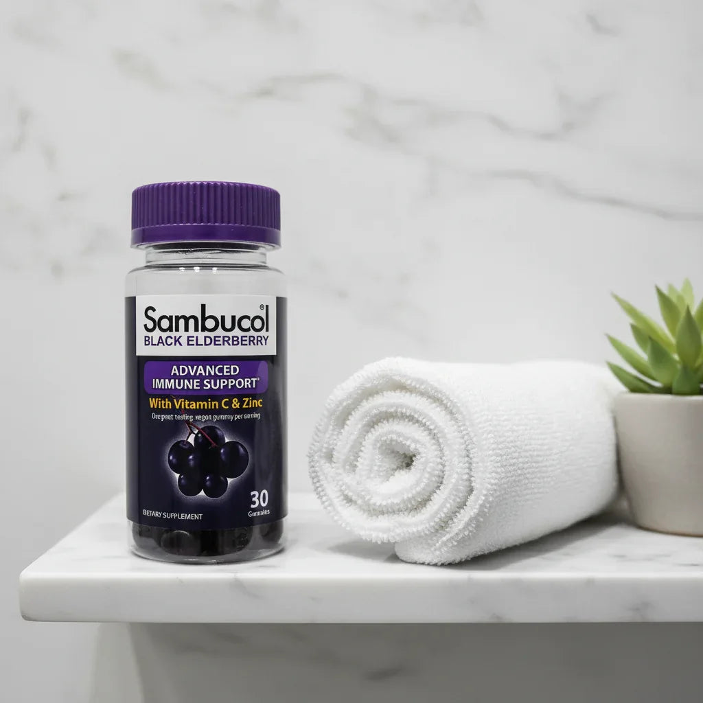 Sambucol Black Elderberry Gummies bottle on bathroom vanity shelf with rolled white organic cotton face towel and small green succulent