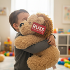 Child hugging Russ Jazwares 14 inch Lion Plush in bright cheerful playroom - More4less Outlet