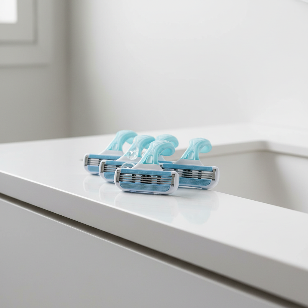 Light blue and white razor cartridges resting on a polished white bathroom vanity surface