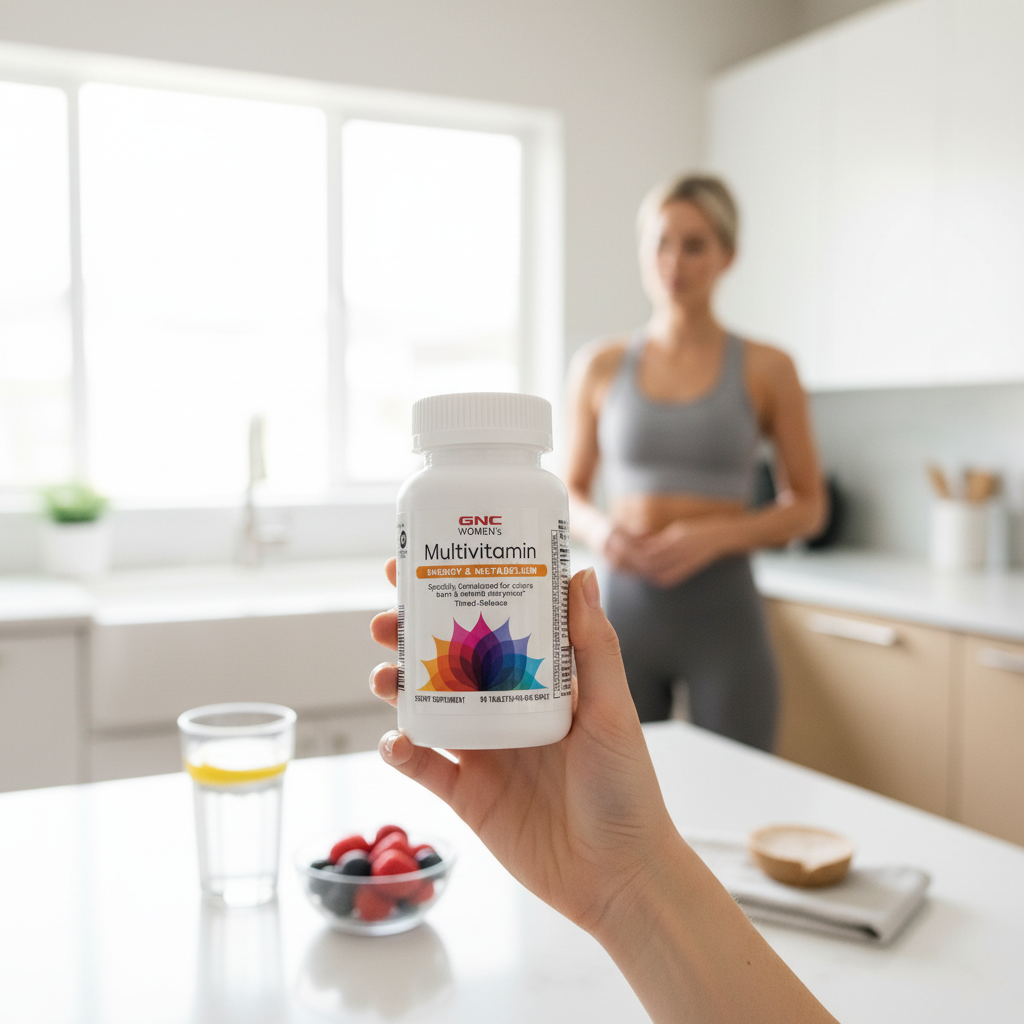Active woman holding GNC Women's Multivitamin Energy & Metabolism in bright kitchen – More4less Outlet