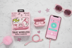 Bytech True Wireless Retro Earbuds pink flat lay with retro telephone charging case smartphone and pink accessories on marble – More4less Outlet