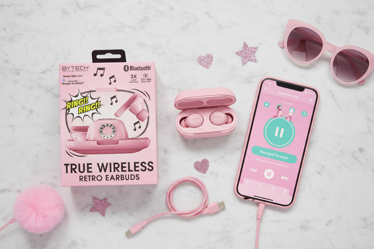 Bytech True Wireless Retro Earbuds pink flat lay with retro telephone charging case smartphone and pink accessories on marble – More4less Outlet