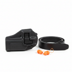 Blackhawk SERPA Sportster black holster on white surface next to black leather belt and orange ear protection – More4less Outlet