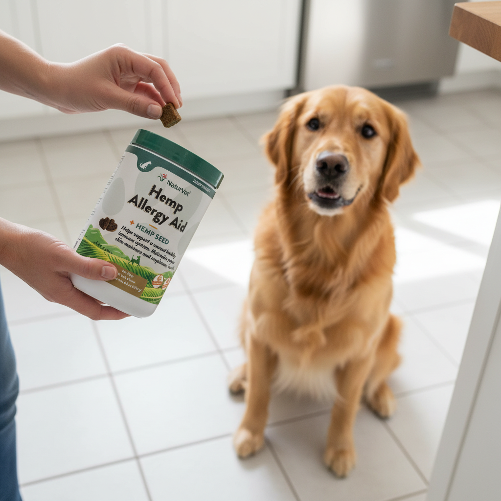 Person offering a NaturVet Hemp Allergy Aid soft chew treat to a dog sitting on a bright kitchen floor