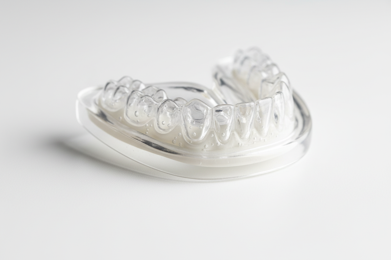 Macro shot of clear DenTek Professional-Fit dental guard showing dual-layer construction and custom-molded shape