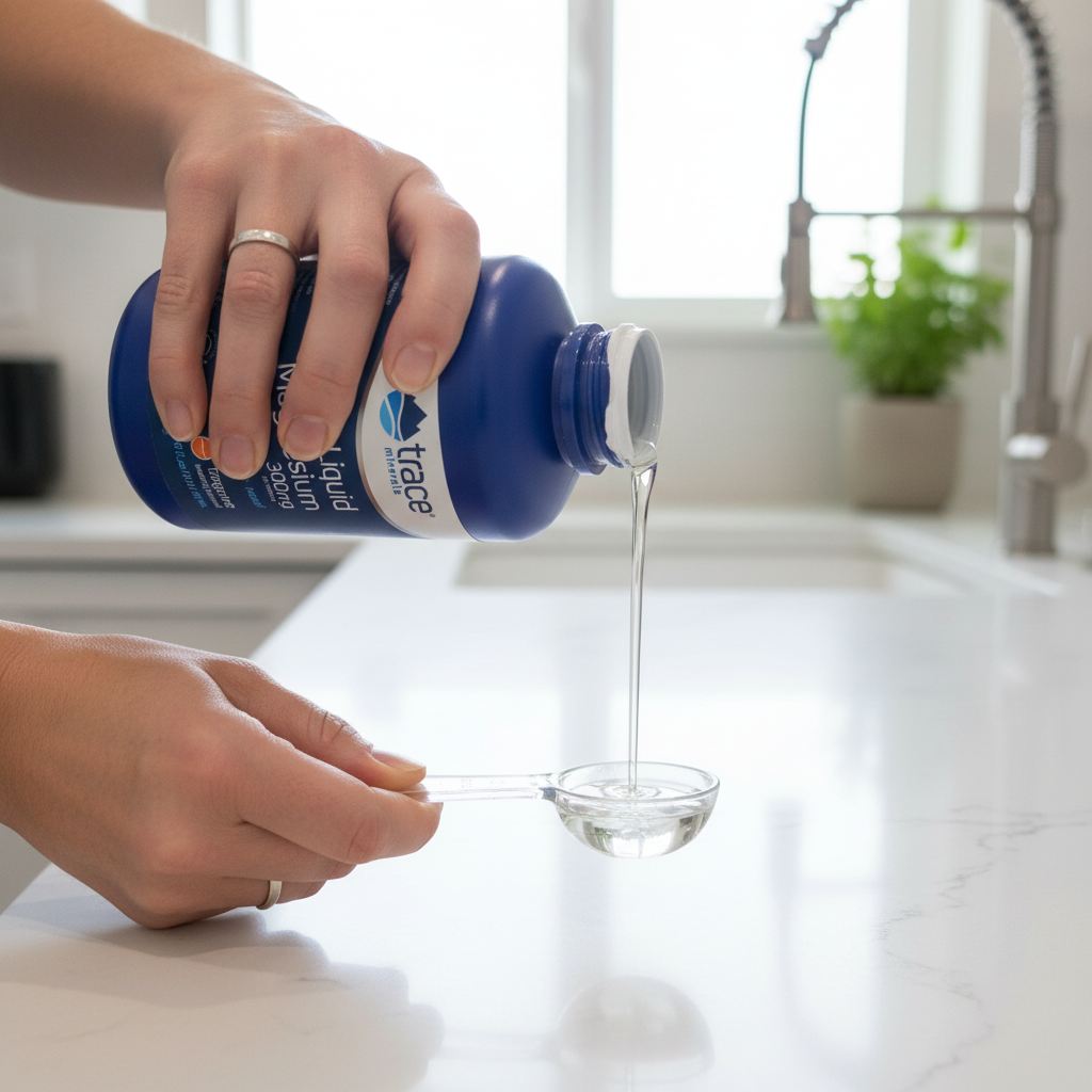 Woman pouring Trace Minerals Liquid Magnesium 300mg into measuring spoon in kitchen – More4less Outlet