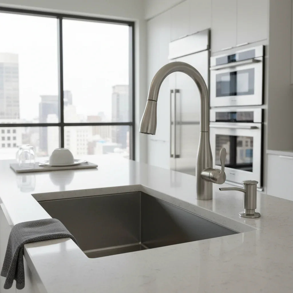 Contemporary kitchen sink setup featuring an integrated Kohler metal soap dispenser in stainless finish