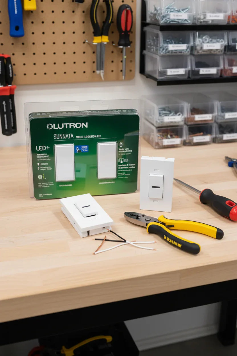 Lutron Sunnata Multi-Location Kit on organized workbench with wire strippers and screwdriver for easy DIY home lighting upgrade