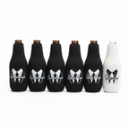 Lady and Home bridal party bottle sleeves all 7 pieces standing upright on white background showing Groom Best Man and Groomsman designs