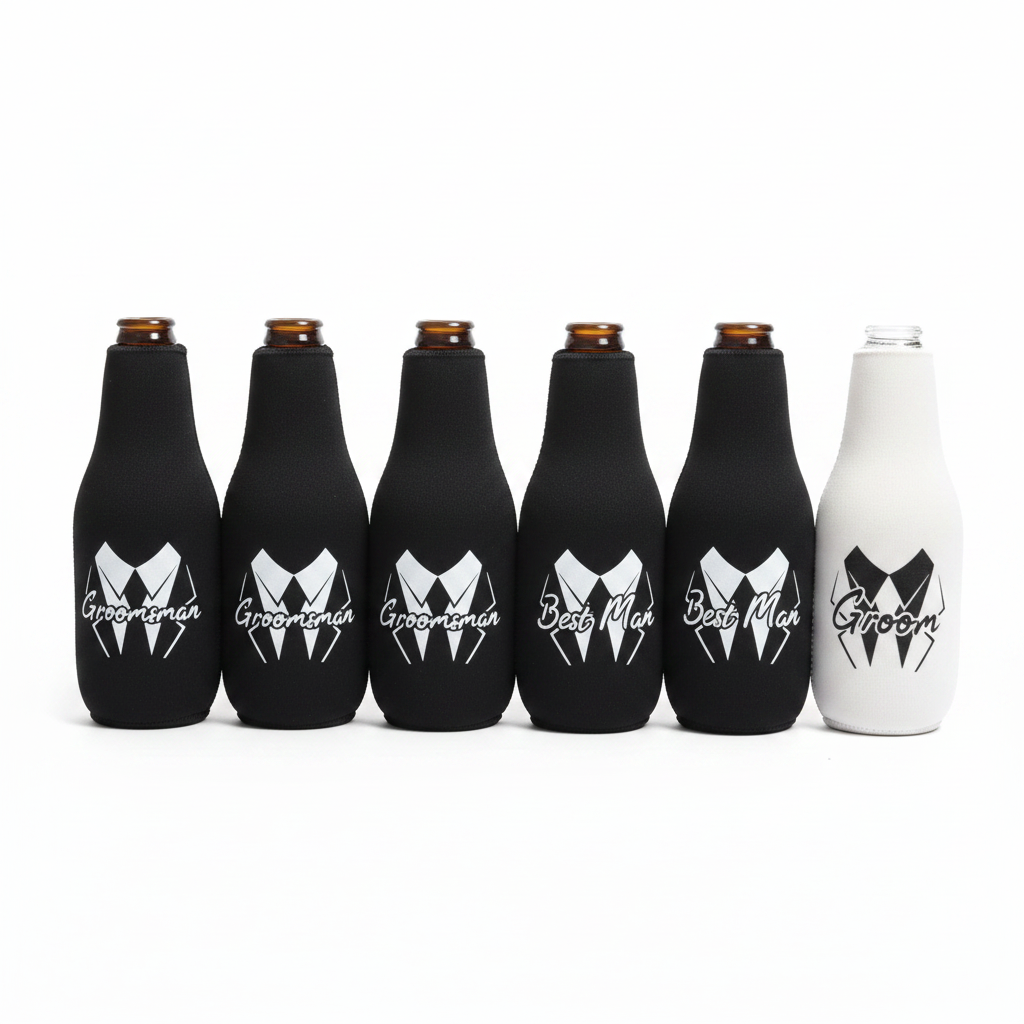 Lady and Home bridal party bottle sleeves all 7 pieces standing upright on white background showing Groom Best Man and Groomsman designs