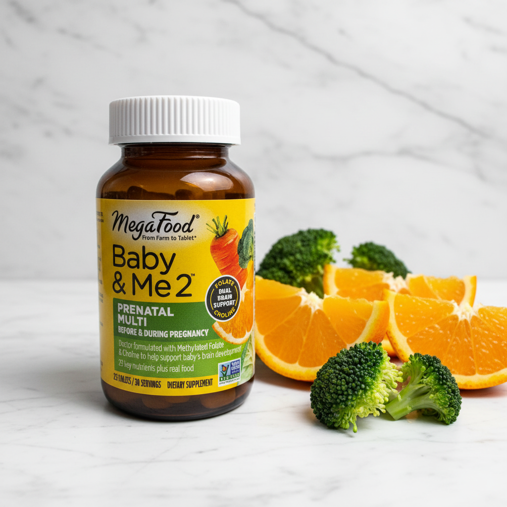 Prenatal multivitamin amber glass bottle beside fresh organic orange slices and broccoli on white marble – More4less Outlet