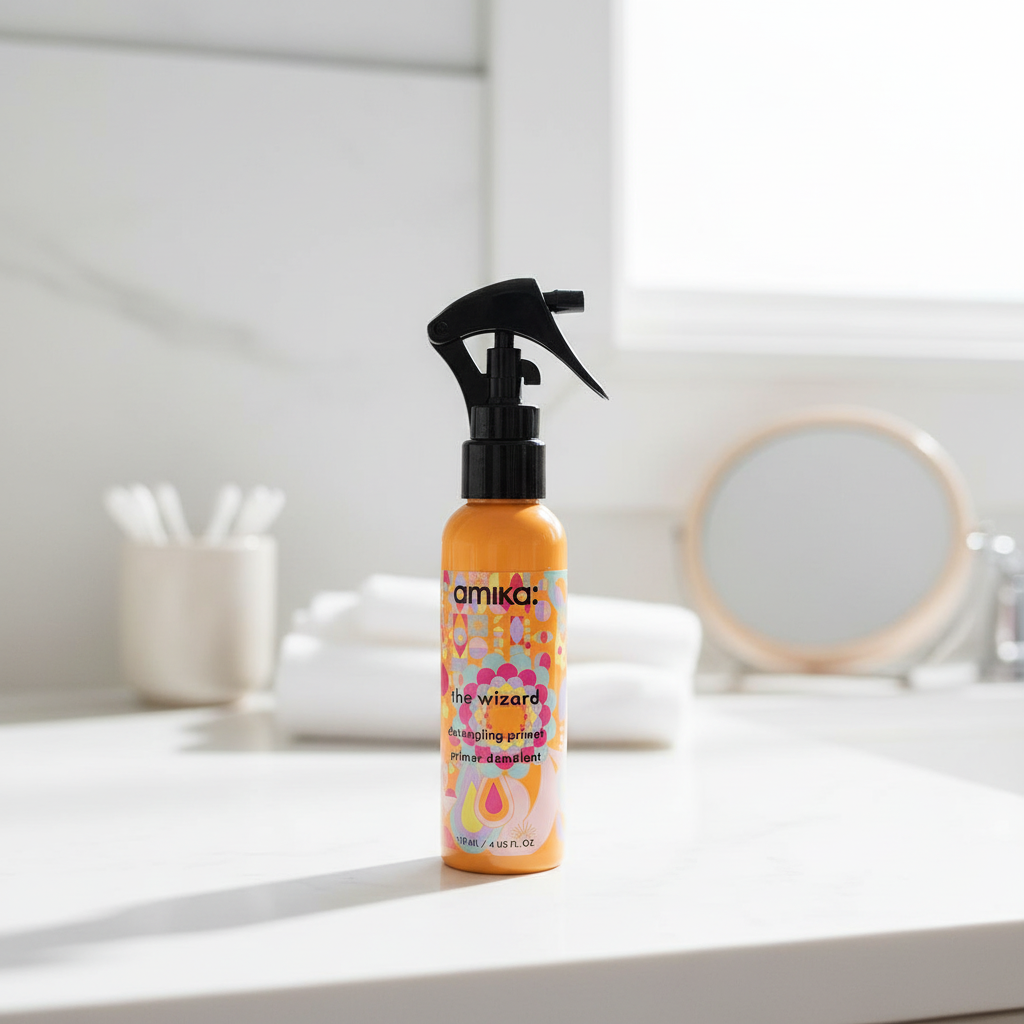 amika The Wizard Detangling Primer 4 fl oz on a bright bathroom vanity
