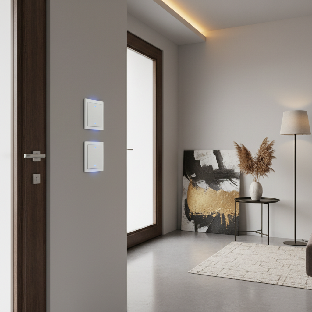 Contemporary entryway with designer white touchless adorne switches beside doorway