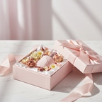 Lifestyle image - pink perfume bottle in gift box with dried flower petals and ribbon, pastel gifting editorial for visual context only