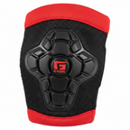 Close-up detail of G-Form Youth Pro-X2 Knee Pads SmartFlex honeycomb pad and red accent cuffs on white background