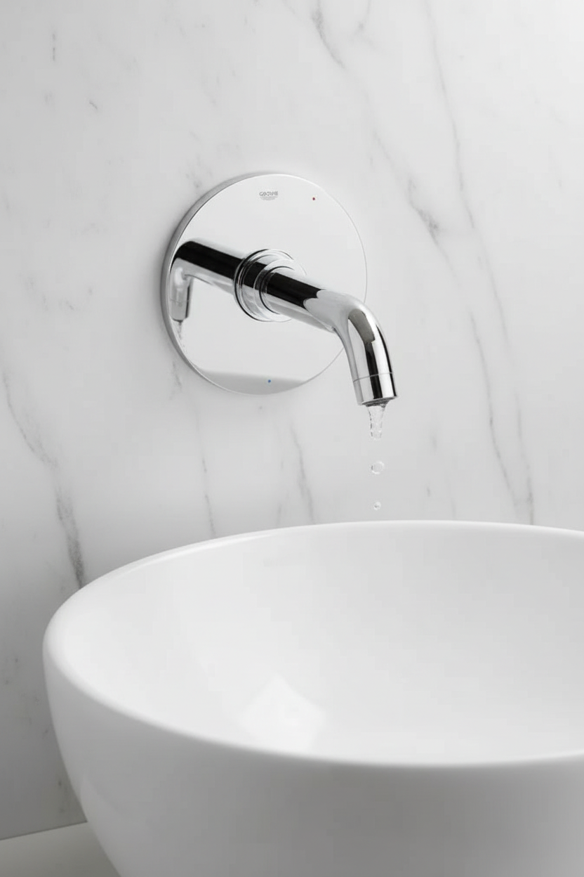 Grohe Lineare New StarLight chrome wall-mount lavatory faucet trim installed on white marble wall above modern vessel sink with water dripping