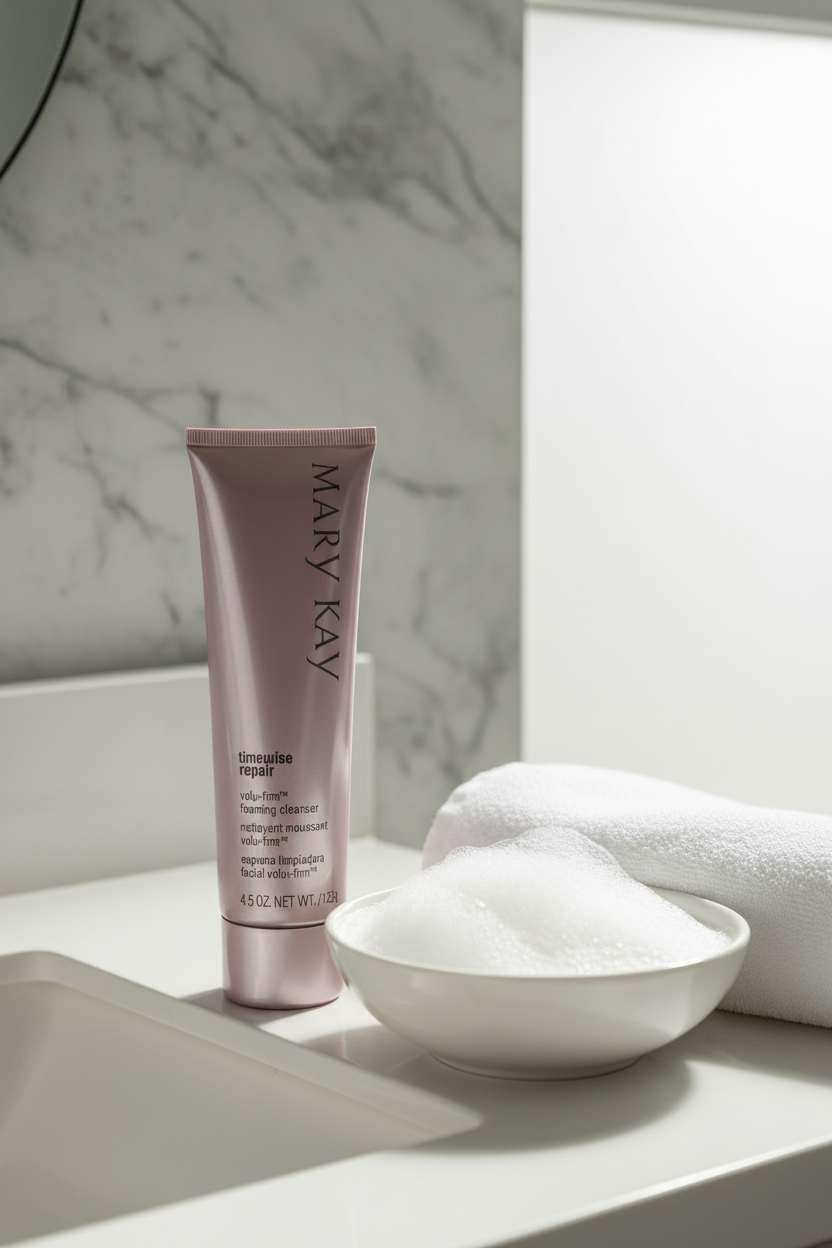 Mary Kay TimeWise Repair Volu-Firm Foaming Cleanser 4.5 oz next to foam bowl and white towel – skincare routine – More4less Outlet