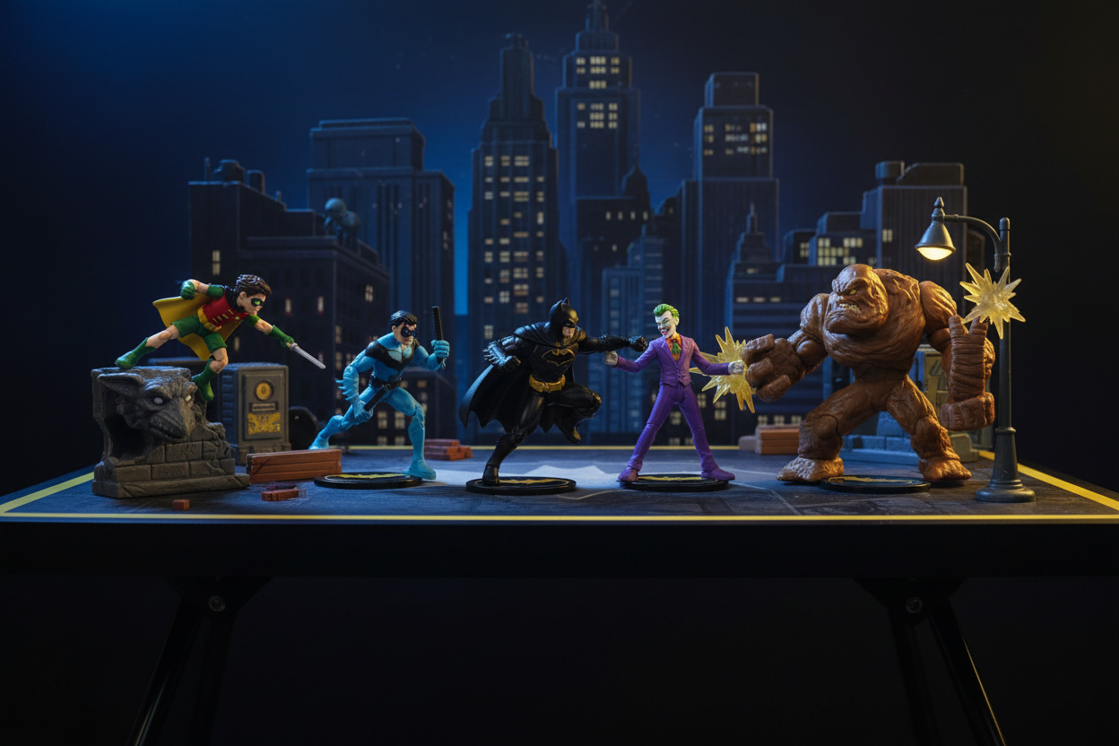 DC Comics Batman Robin Nightwing Joker and Clayface 2-inch mini figures posed in epic battle scene on Gotham themed desk with dramatic superhero lighting