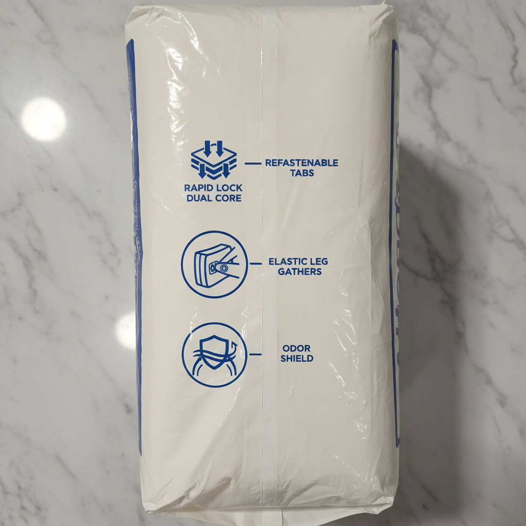 Close-up of side panel of Attends Care Briefs Extra Large packaging showing Rapid Lock Dual Core and Odor Shield features