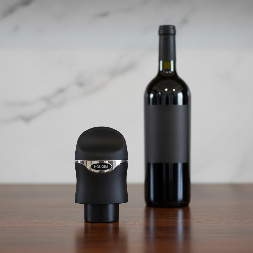 AI-generated lifestyle image of one black Houdini by Rabbit wine and champagne sealer beside one wine bottle in a home wine-bar setting.