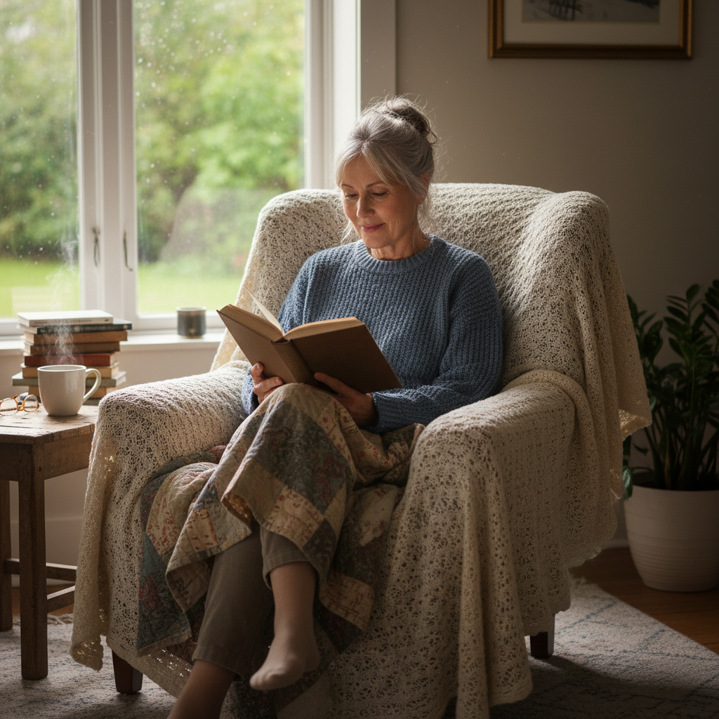 Older adult woman reading a book in a cozy armchair by a window with natural light