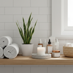 Neatly arranged spa-inspired bathroom vanity shelf with white towels, candle, and skincare essentials