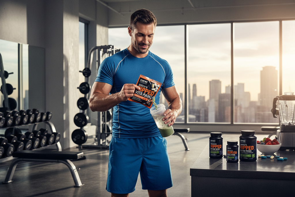 Athlete preparing daily GNC Men's Ripped Vitapak fitness supplement packet