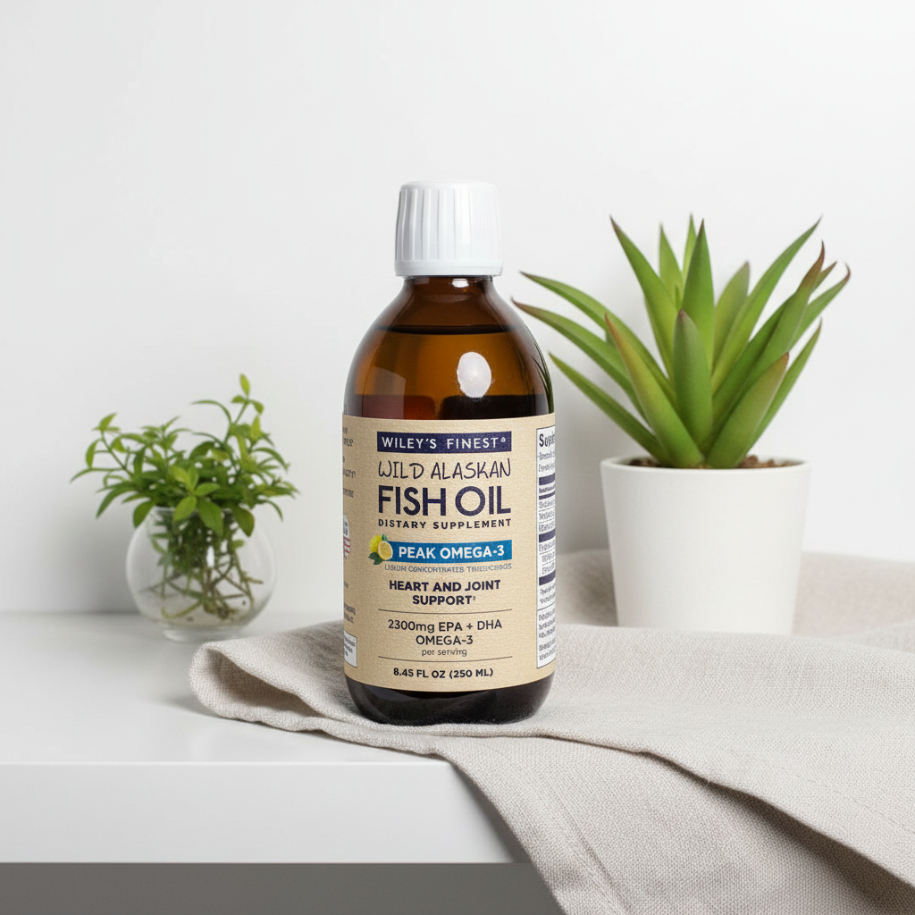 Wiley's Finest Peak Omega-3 Liquid Fish Oil bottle on minimalist white shelf with green plants – clean supplement product display