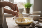 Hands using a cream-colored silicone spatula to fold batter in a glass bowl in a warm home kitchen