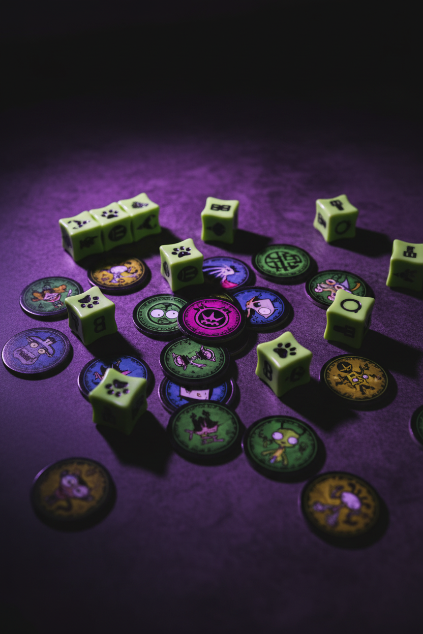 Close-up flat lay of Invader Zim Adventure Bones green bone-shaped dice and collectible disks on dark surface with purple and green lighting — More4less Outlet