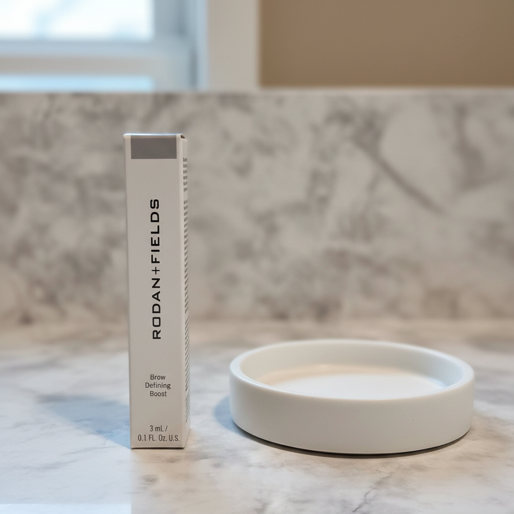 Rodan + Fields Brow Defining Boost Light 3 mL package on a marble makeup counter