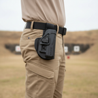 Blackhawk SERPA Sportster black holster worn on right hip belt at outdoor range neutral background – More4less Outlet