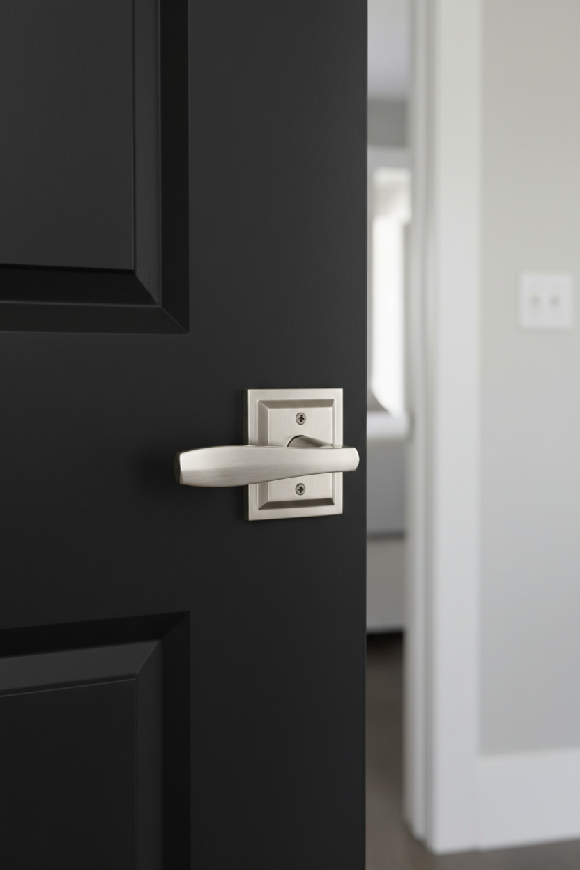 Baldwin Prestige Torrey Satin Nickel lever installed on matte-black shaker closet door