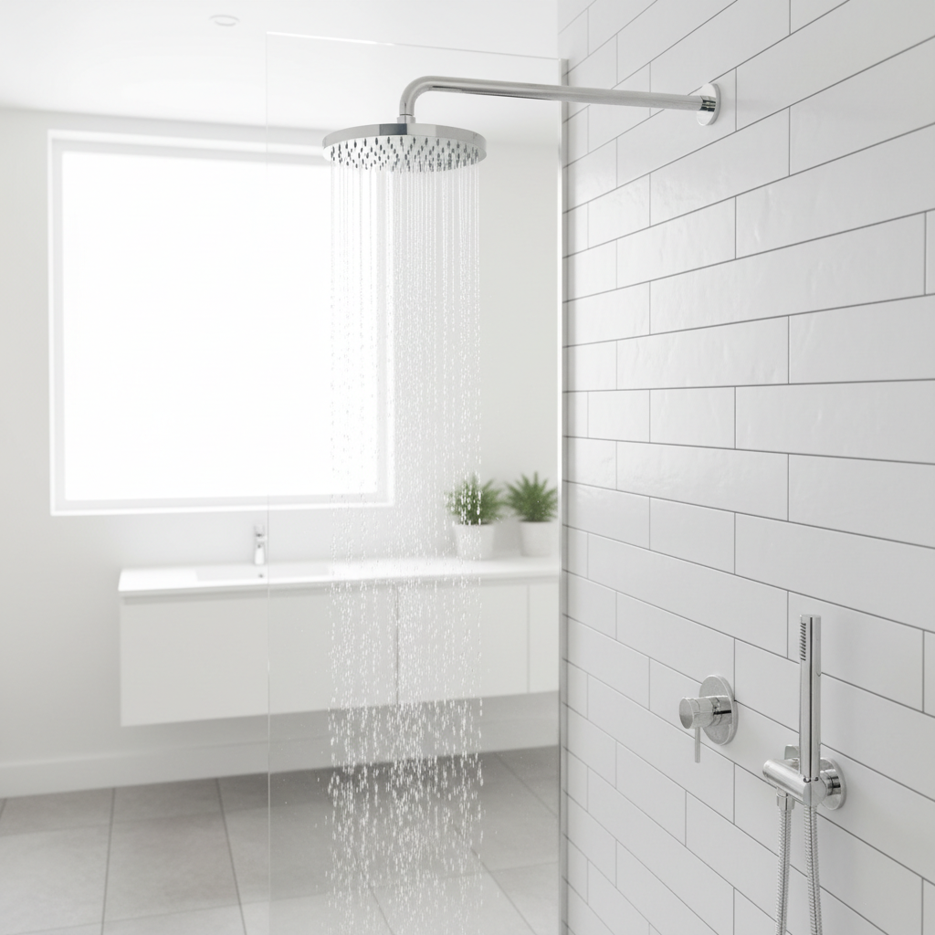 Modern bathroom with white subway tiles and polished chrome showerhead spraying water