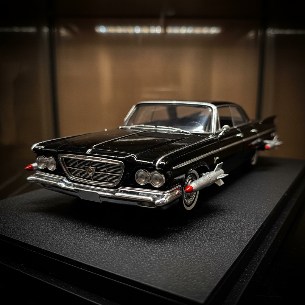 Finished 1960s style black Chrysler Imperial scale model car with chrome grille and rocket launcher details on dark display stand collector memorabilia dramatic lighting